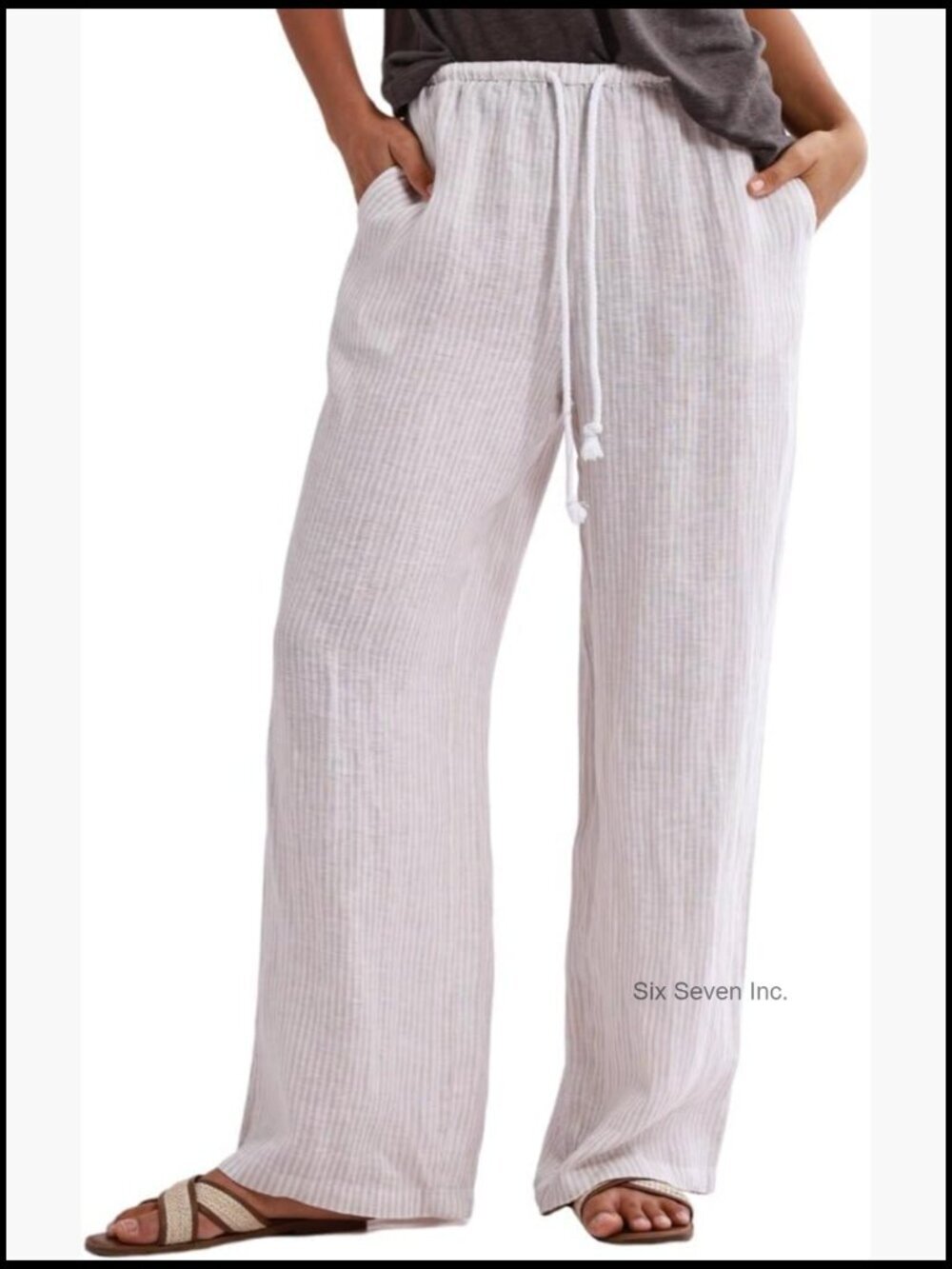 100% Linen Striped Drawstring Elastic Waist Wide Leg Pants with Pockets